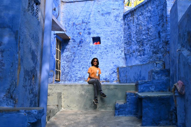 Close-up of the blue-painted walls a house in Blue City Jodhpur in Rajasthan blog, The Kid Who Travelled.